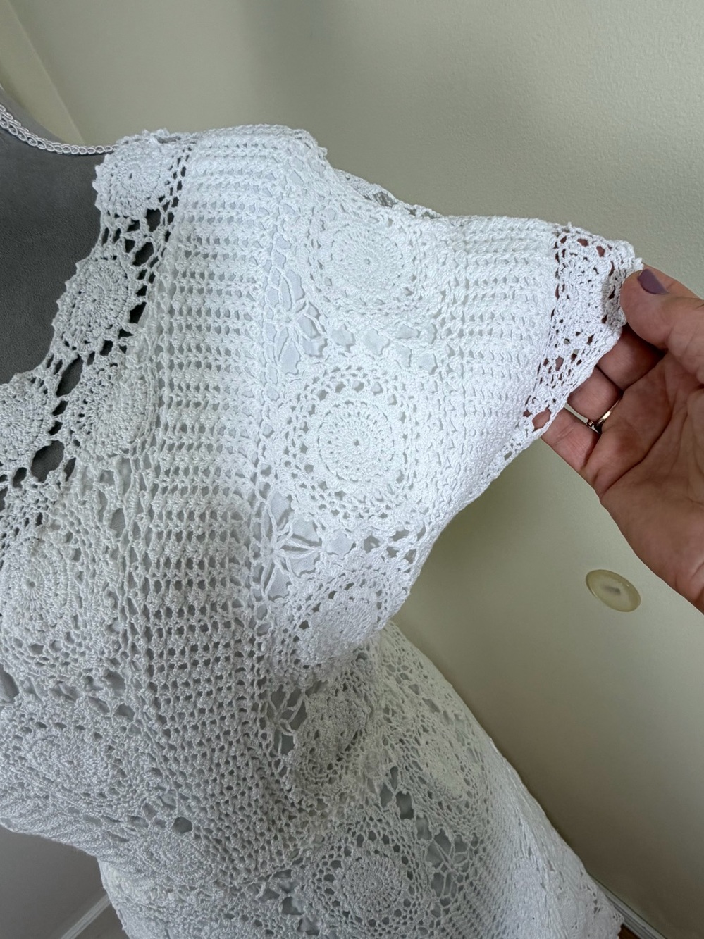 Vintage 70s White Hand Crochet Dress M Midi Cotton Sundress Prairie Boho Bridal - Picture 3 of 16